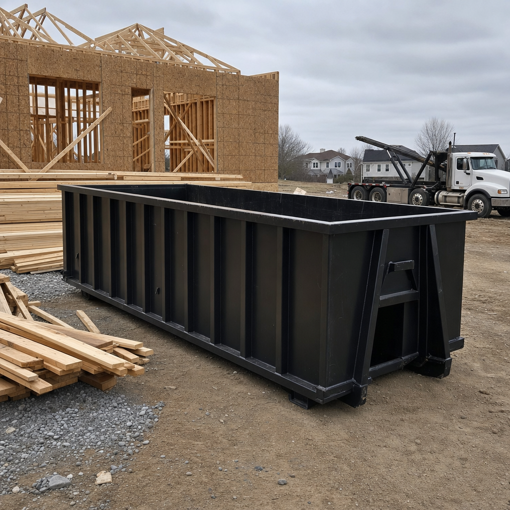 Matte-black 40-yard roll-off dumpster staged on a framed-out residential construction site in Vernon Hills, framing lumber stacked nearby, hooklift delivery truck visible in the background under bright Colorado daylight