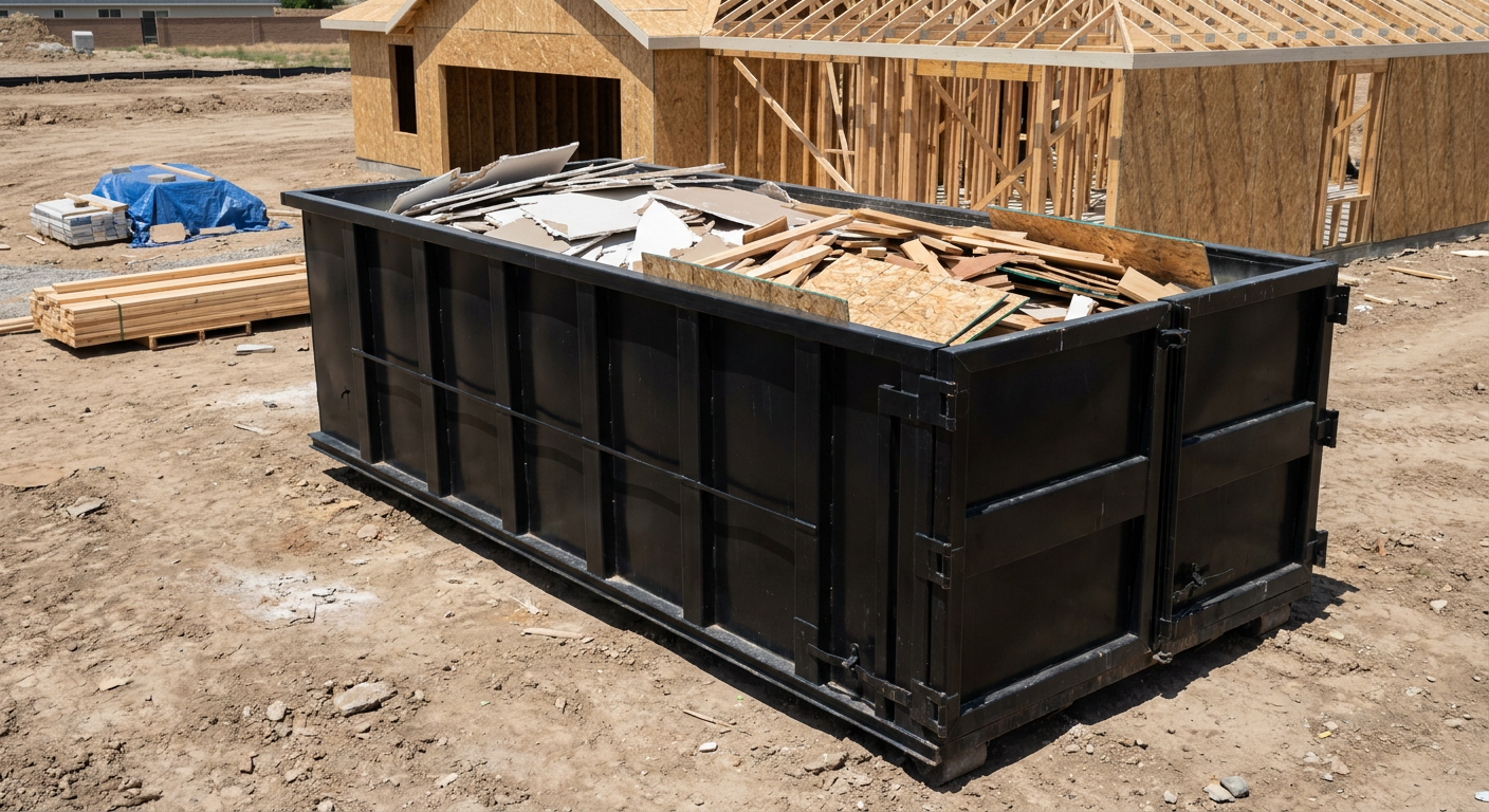 Matte-black 30-yard roll-off construction dumpster sitting directly on the compacted-dirt site of a framed single-family home build in Vernon Hills, drywall and lumber scrap loaded inside.