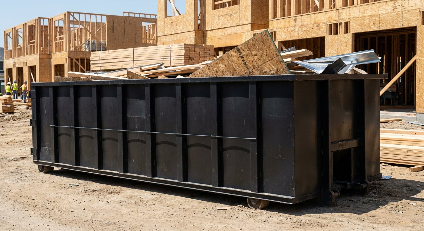 Matte-black 40-yard roll-off construction dumpster being lowered from a white-cab hooklift delivery truck onto the compacted-dirt jobsite at a commercial build site in Vernon Hills