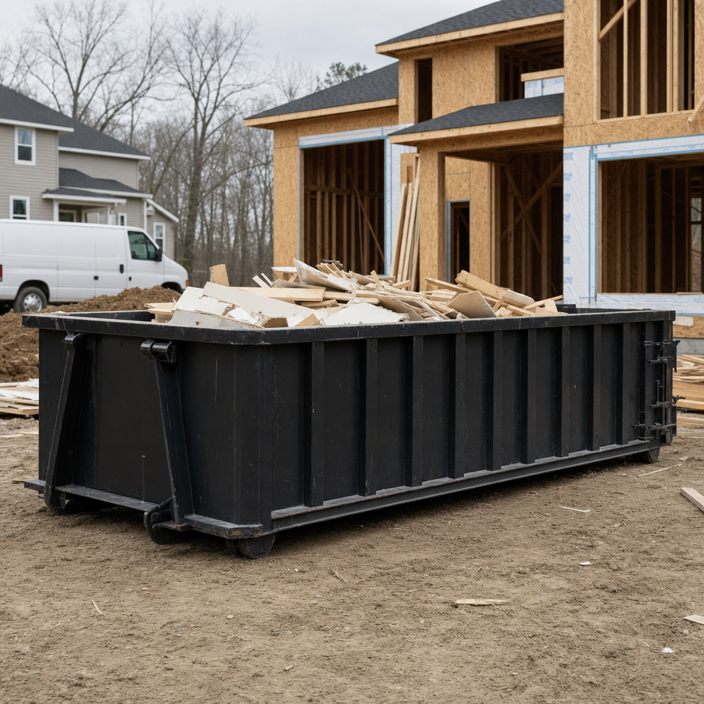 Worker in a yellow high-visibility vest tossing framing lumber and broken drywall into a matte-black 30-yard construction roll-off dumpster on an active build site in Vernon Hills, bright daylight