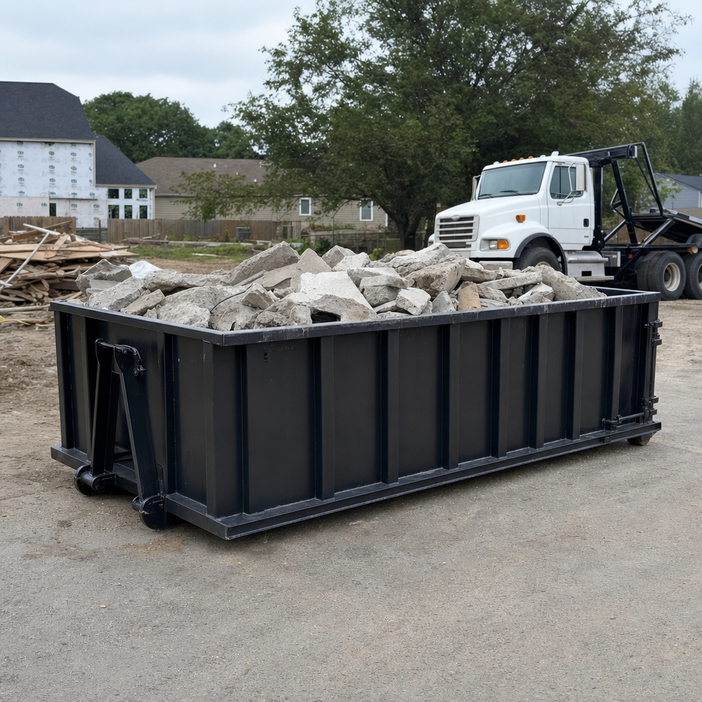 Low-profile matte-black lowboy roll-off dumpster loaded with broken concrete slab and rebar at a foundation tear-out in Vernon Hills, skid steer parked beside it, sunny Colorado morning