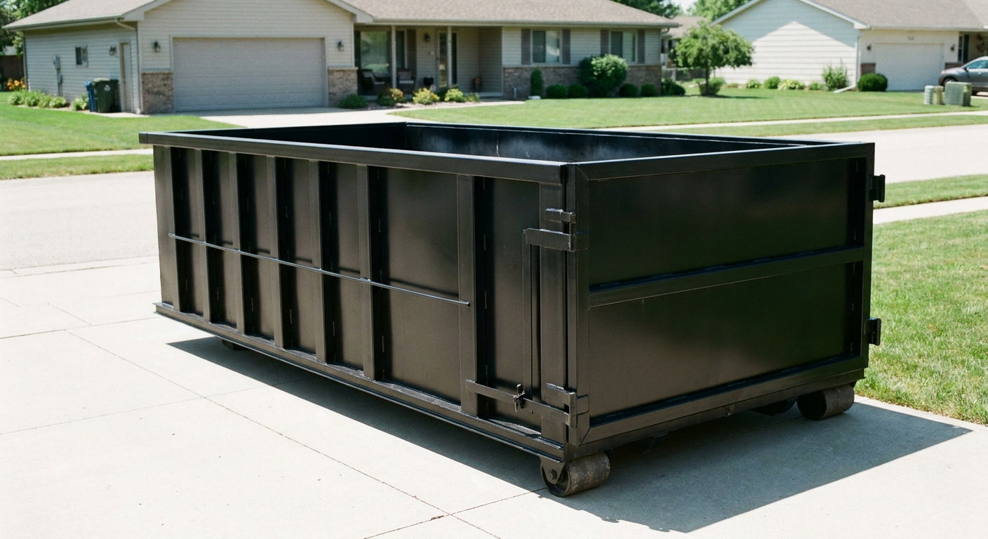 Matte-black 10-yard roll-off dumpster on a residential concrete driveway in Vernon Hills, uniformly painted matte black across every panel and rail, ribbed steel sidewalls and rear swing door visible, mid-day daylight.