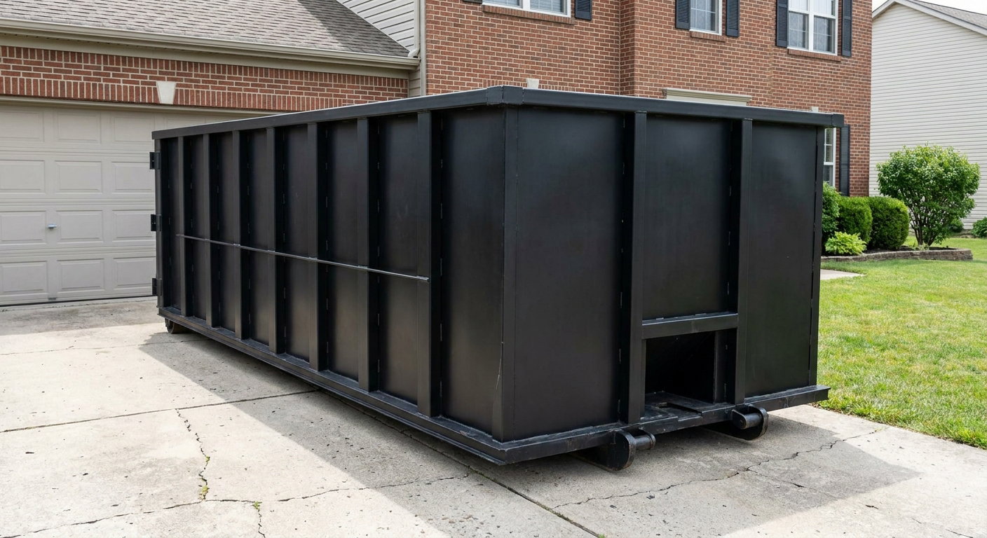 Matte-black 20-yard roll-off container on a Vernon Hills residential concrete driveway with reinforced ribbed steel sidewalls and a hinged rear walk-in door, clean bright daylight.