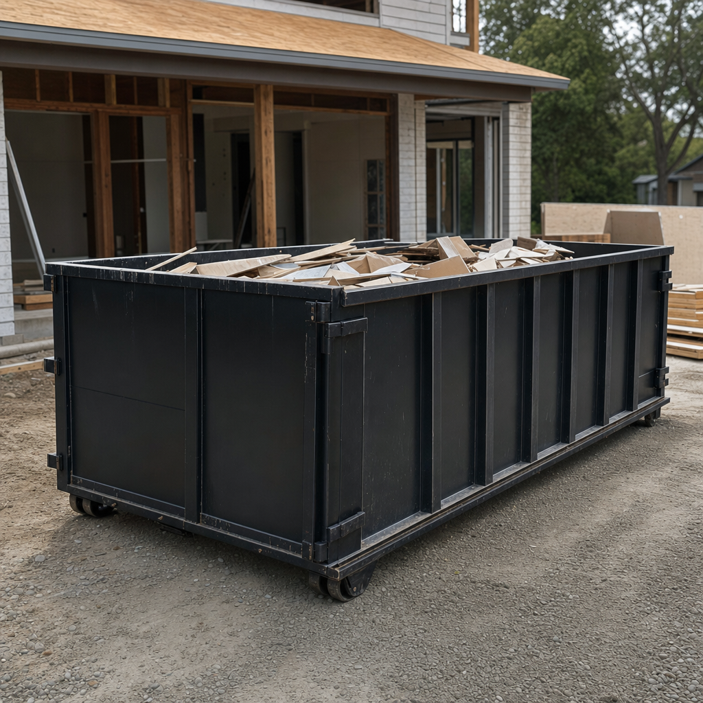 Large matte-black 30-yard construction roll-off dumpster at an active Vernon Hills jobsite, steel-gray top rails and bottom rollers visible, loaded with construction debris.