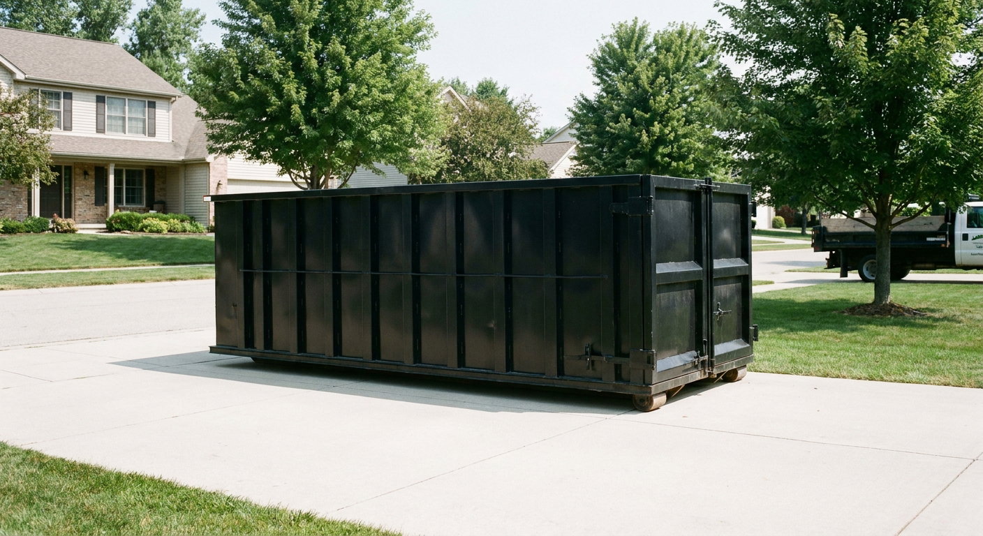 Matte-black 20-yard roll-off dumpster sitting level on a clean Vernon Hills residential concrete driveway under bright daylight, demonstrating clean placement directly on the concrete.