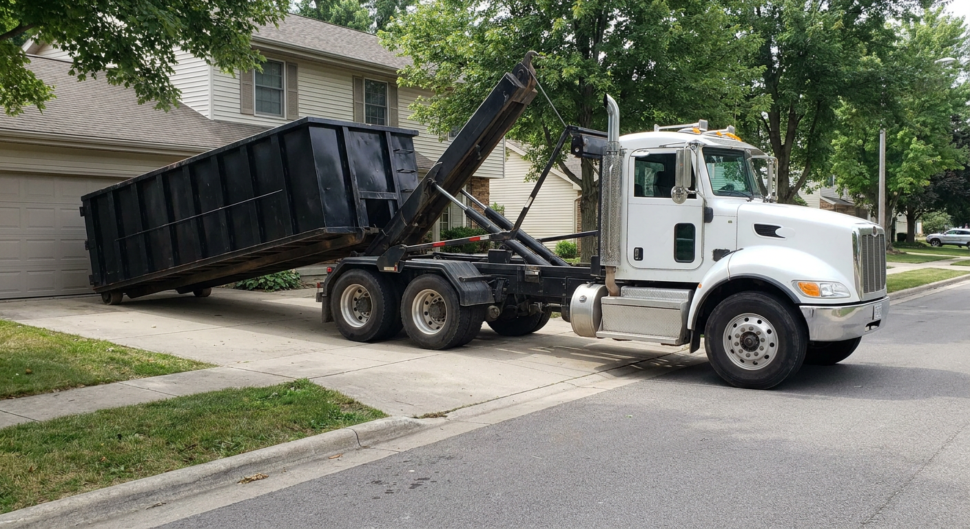 White-cab hooklift roll-off truck actively lowering a matte-black dumpster onto a Vernon Hills residential concrete driveway, the dumpster's rear wheels touching the driveway as the hoist arm tilts the bed forward, mid-morning daylight.