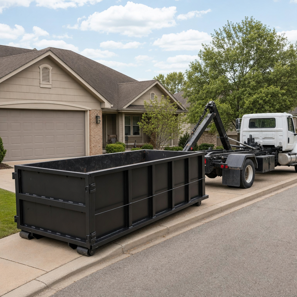 Wide documentary shot of a matte-black roll-off dumpster on a Vernon Hills residential driveway in the foreground and a contractor jobsite container in the soft-focus background, bright daylight, calm and orderly composition.
