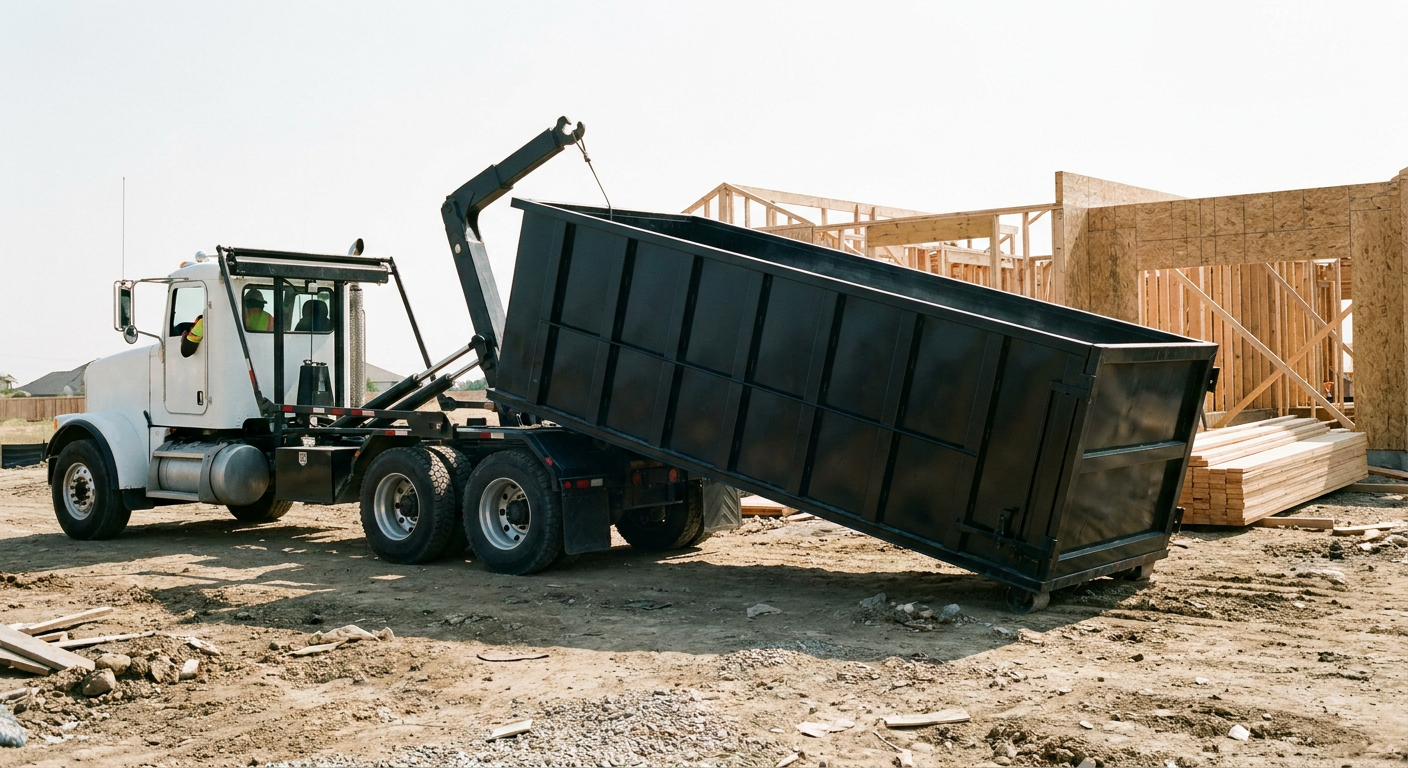 Matte-black roll-off dumpster being delivered onto a clean residential concrete driveway in Vernon Hills by an unmarked white hooklift hauler truck, bright morning daylight, documentary 35mm perspective.