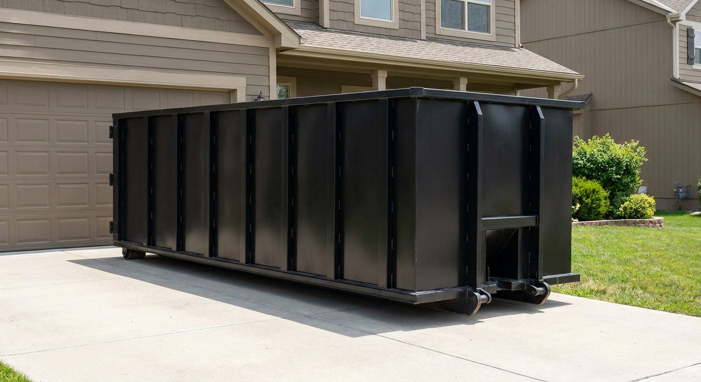 Matte-black residential roll-off dumpster sitting directly on a suburban Vernon Hills concrete driveway, garage door closed, single-family home in background, bright morning daylight.