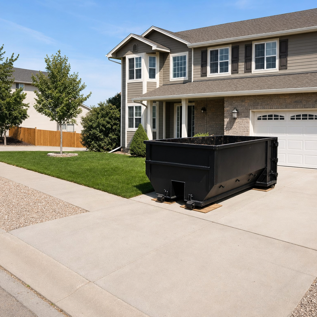 10-yard matte-black residential dumpster placed directly on a narrow Vernon Hills concrete driveway, room remains for a parked sedan beside it, mid-morning natural light