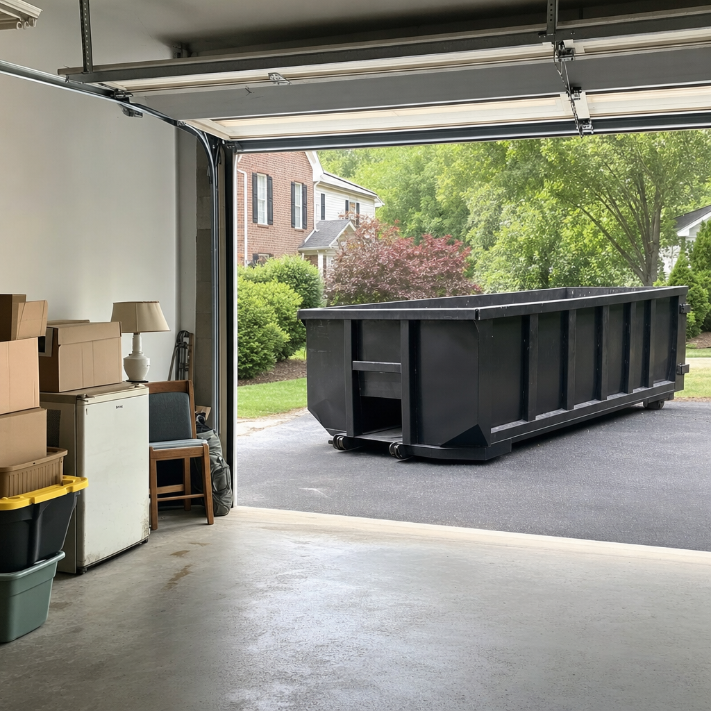 Open garage interior in a Vernon Hills home mid-cleanout — boxed items, an old appliance, and stacked yard tools queued near the driveway for a matte-black roll-off dumpster, organized and calm