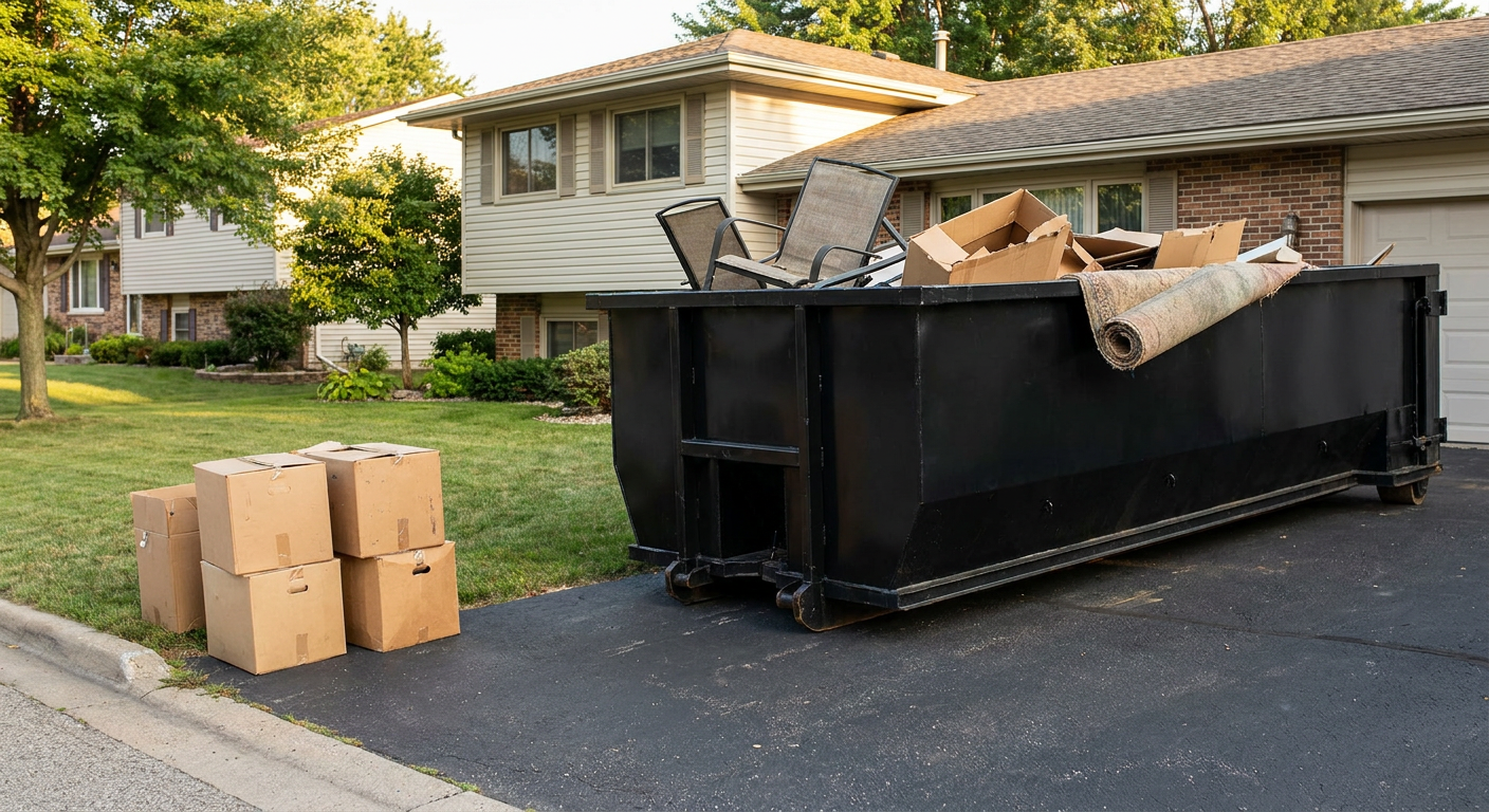 Front-yard view of a Vernon Hills split-level home with a 20-yard matte-black roll-off dumpster sitting directly on the asphalt driveway, a few clearly labeled donation boxes staged at the curb, calm sunny afternoon.