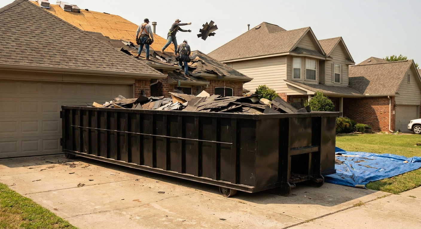 Matte-black roofing roll-off dumpster placed directly on a Vernon Hills residential concrete driveway, a tear-off crew on a two-story asphalt-shingle roof tossing shingle bundles into the low-walled container, bright daylight, documentary 35mm perspective.