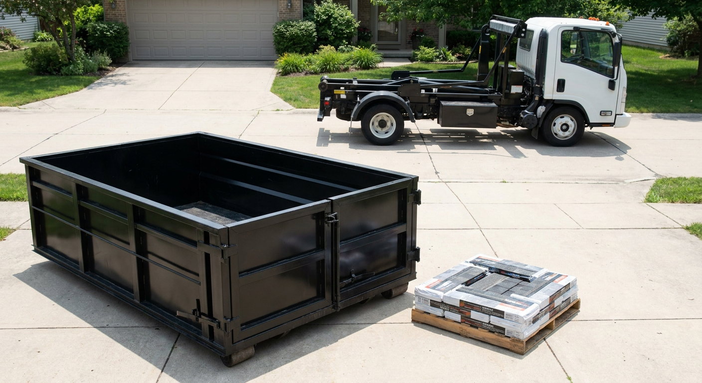 Matte-black 15-yard roofing roll-off dumpster with reinforced low side walls sitting directly on a Vernon Hills residential concrete driveway, three-tab asphalt shingle bundles stacked nearby, an unmarked white hauler truck partially visible at the edge of the frame.