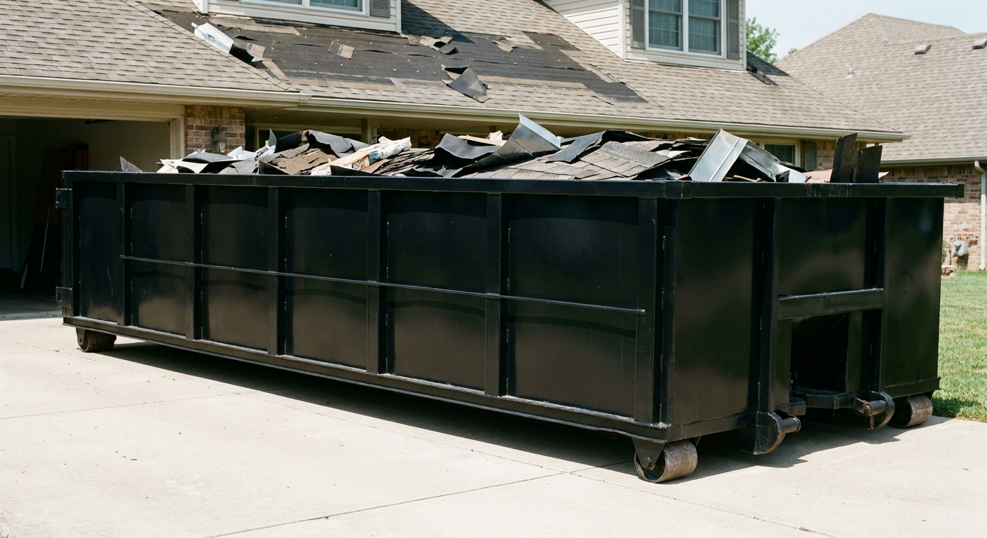 Matte-black 20-yard roofing roll-off dumpster with steel ribbed sides and swinging rear door, sitting directly on the concrete driveway of a two-story Vernon Hills home, asphalt shingle debris being loaded over the low wall, clean documentary lighting.
