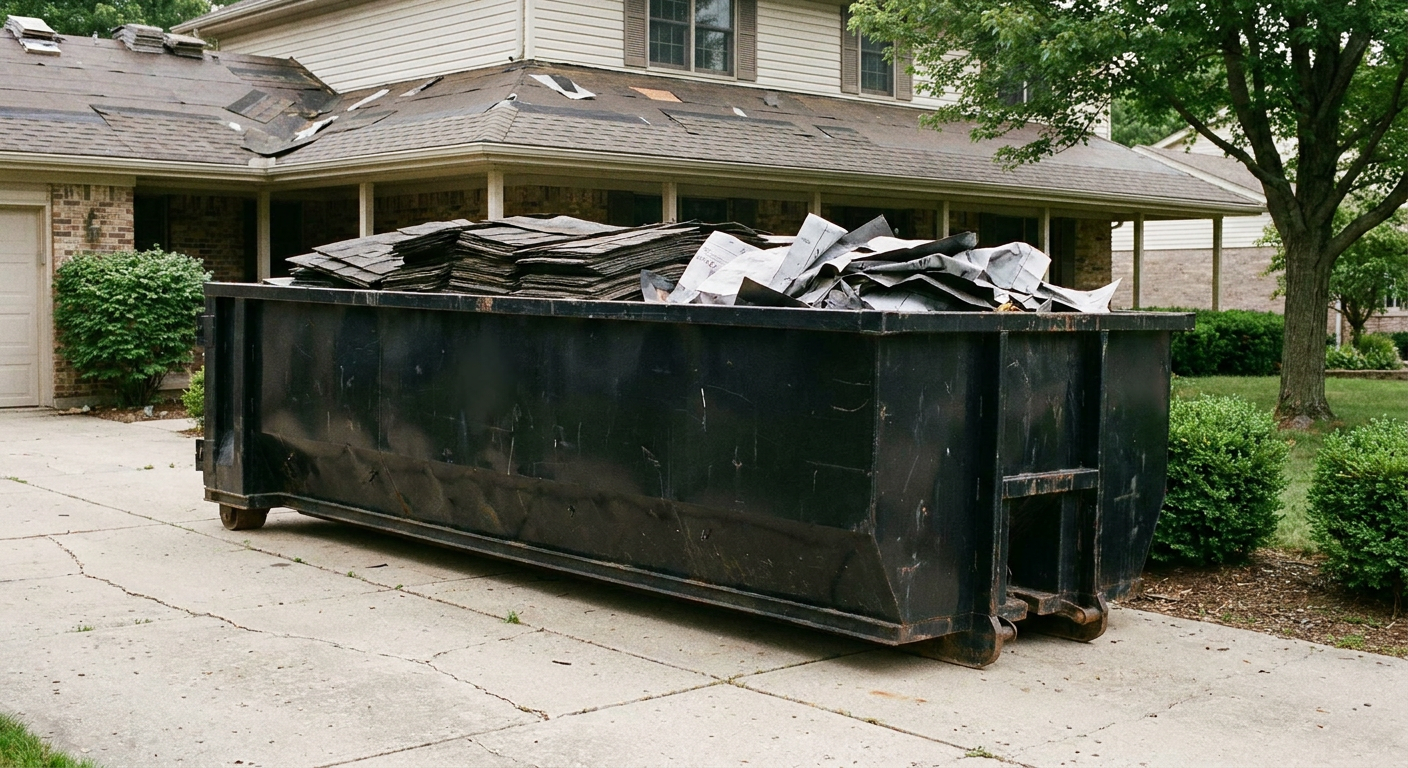 Matte-black 30-yard roofing roll-off dumpster sitting directly on a Vernon Hills concrete driveway, taller ribbed steel side panels, mixed tear-off debris of asphalt shingles and underlayment inside, professional documentary daylight.
