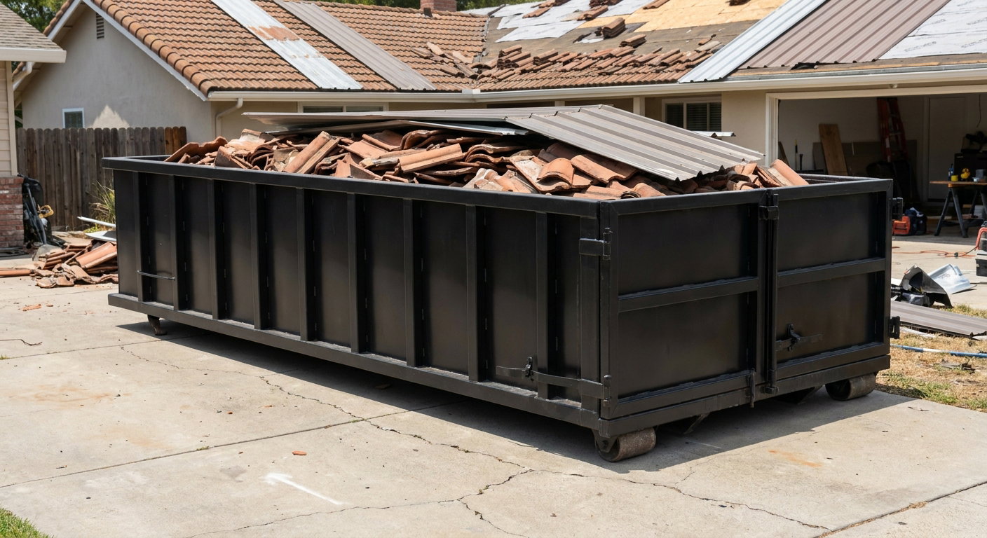 Matte-black low-wall heavy-debris roofing roll-off dumpster sitting directly on a Vernon Hills concrete driveway, broken concrete clay roof tiles and metal panel sections loaded inside, reinforced ribbed steel side walls visible, bright outdoor daylight.