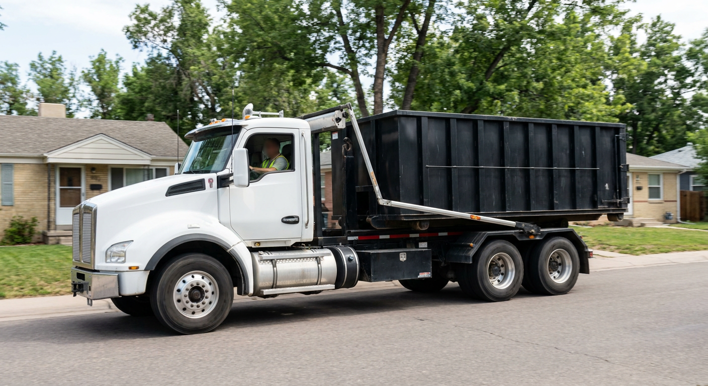 A wide documentary shot of a matte-black roll-off delivery truck pulling onto a quiet Vernon Hills residential street at mid-morning, with neighborhood rooftops and tree-lined blocks visible behind, showing the metro coverage footprint.