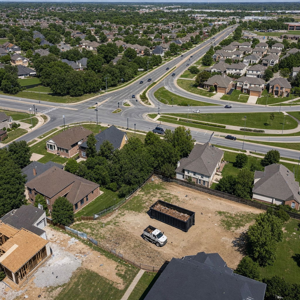 An overhead documentary view of the Vernon Hills metro area at midday, showing the spread of neighborhoods, arterial roads, and the dispatch radius from a central yard — clean daylight, organized geographic layout.