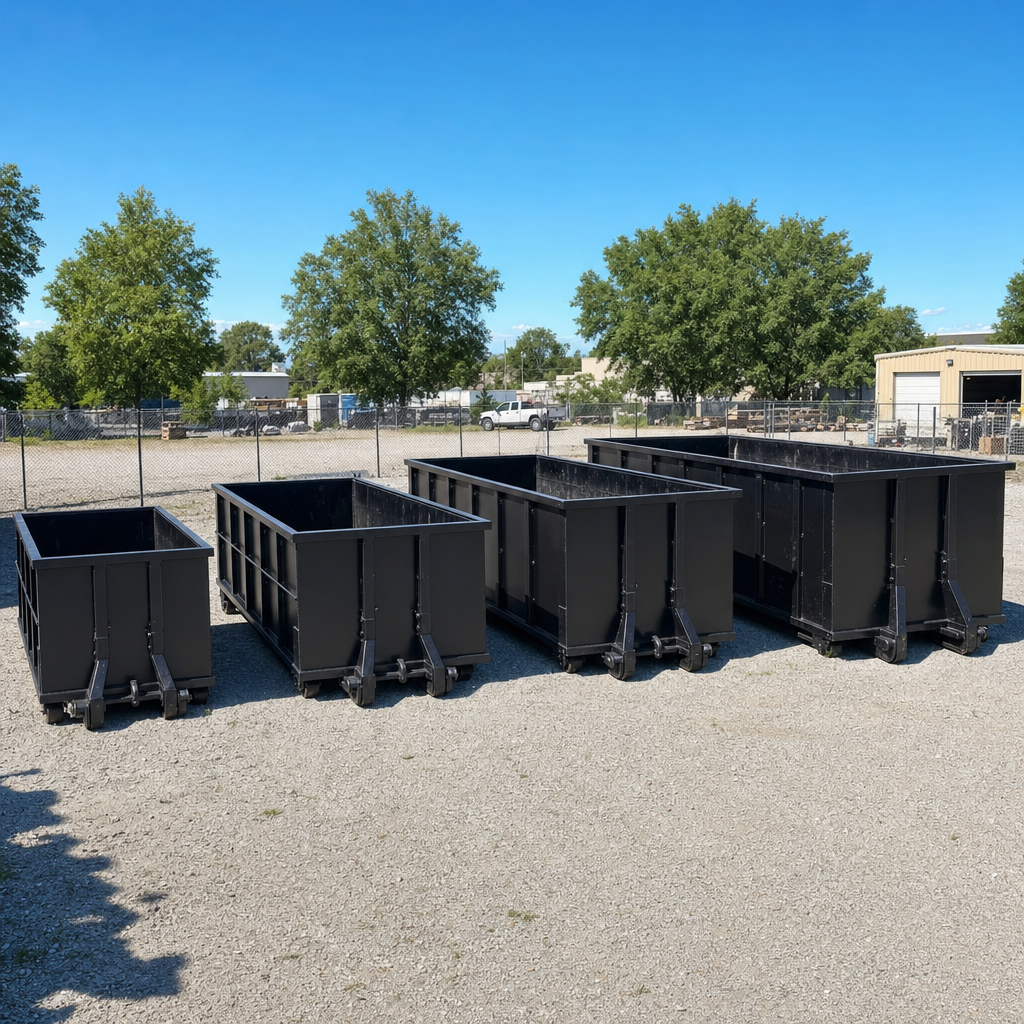 A clean lineup of matte-black roll-off dumpsters in 10, 20, 30, and 40-yard sizes staged on a sunlit gravel yard in Vernon Hills, showing the size progression from compact to commercial-scale containers.