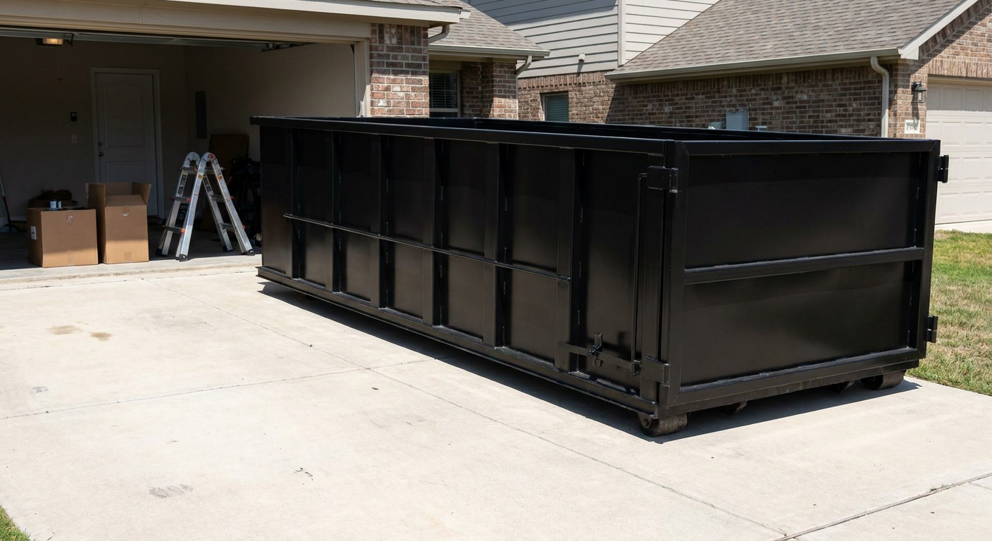 A matte-black 10-yard roll-off dumpster sitting directly on a residential Vernon Hills concrete driveway, mid-day sunlight, clean and ready for a garage cleanout.
