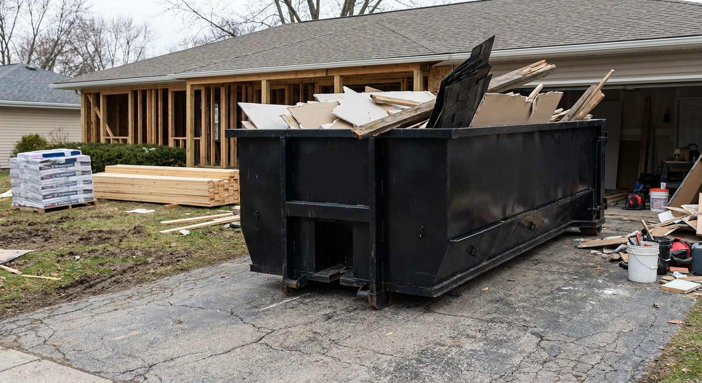 A matte-black 20-yard roll-off dumpster placed alongside a mid-renovation Vernon Hills home directly on the asphalt driveway, with framing materials and torn-off shingles staged neatly nearby.