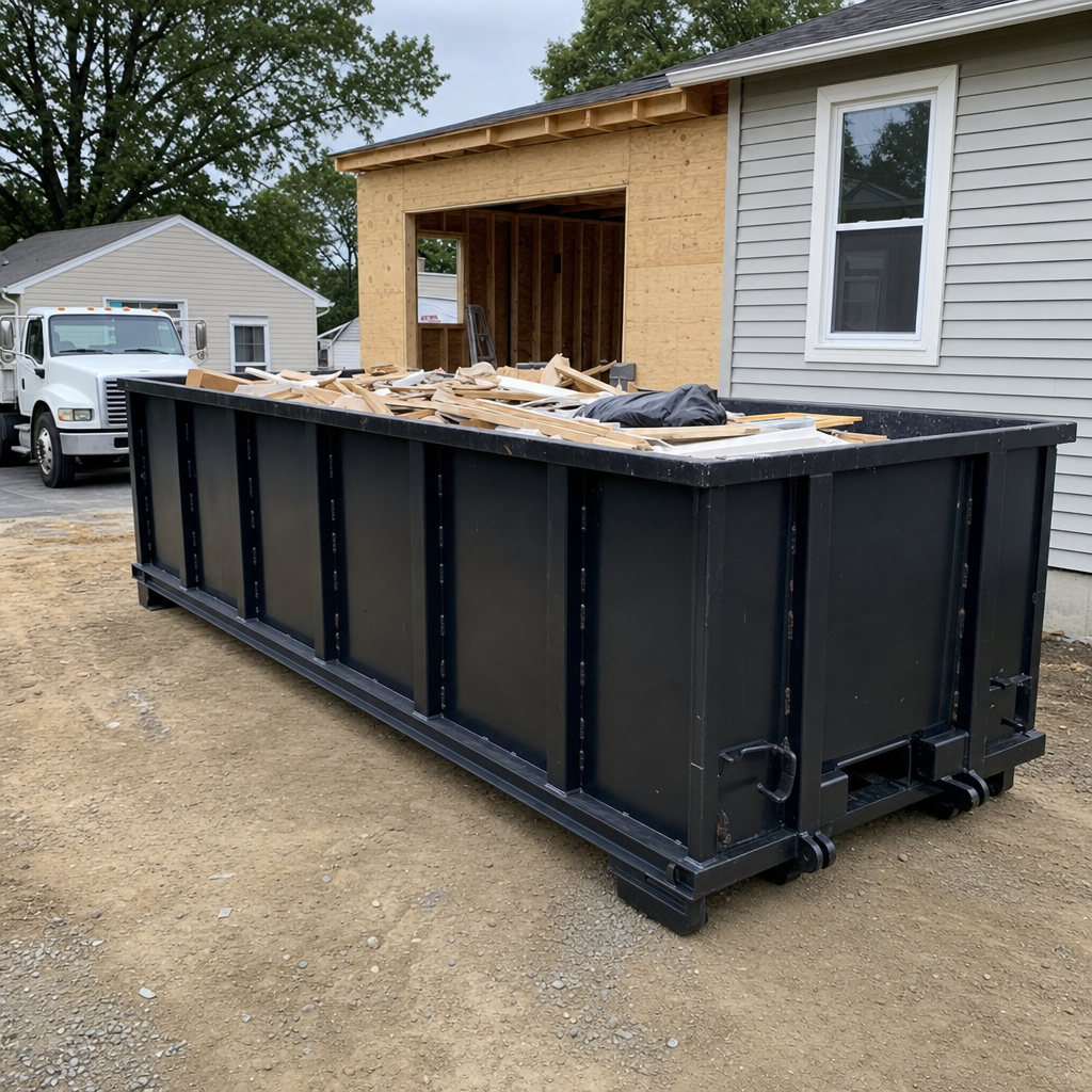 A matte-black 30-yard roll-off dumpster positioned at a Vernon Hills residential addition jobsite, with framing lumber and drywall scraps loaded through the open swinging rear doors.