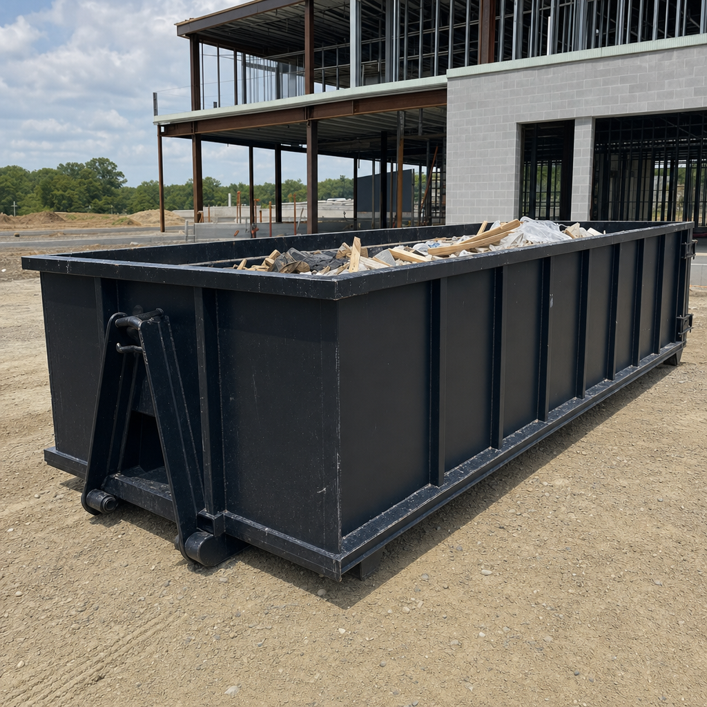 A matte-black 40-yard roll-off dumpster staged on a large Vernon Hills commercial construction lot, with a hooklift delivery truck parked alongside under bright midday sky.