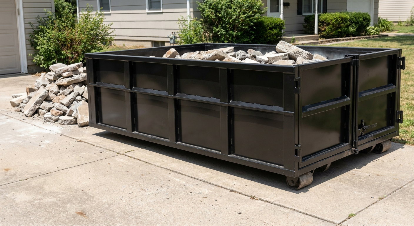 A matte-black low-side heavy-debris roll-off dumpster placed directly on a Vernon Hills concrete driveway, with broken concrete chunks neatly stacked beside it under clean daylight.